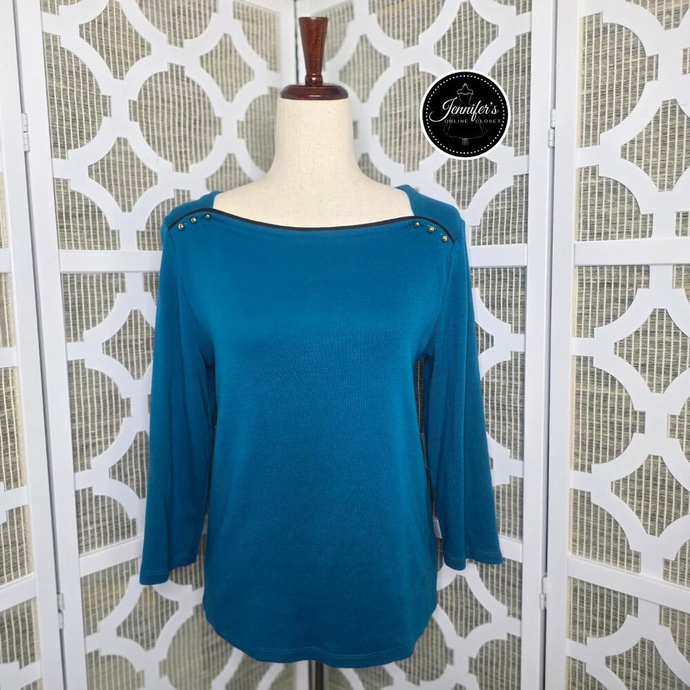 Rafaella Teal and Black Gold Button Detail 3/4 Sleeve Knit Top Size PM